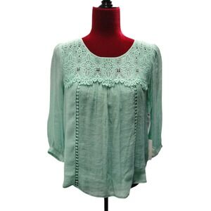 Figueroa & Flower PM Mint Green Crochet Trim Lined 3/4 Sleeve Blouse Top‎ G307